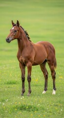 Obraz premium Purebred brown foal standing elegantly in green meadow. Future competition prospect demonstrating fine equestrian conformation and athletic potential, grace, mane, movement