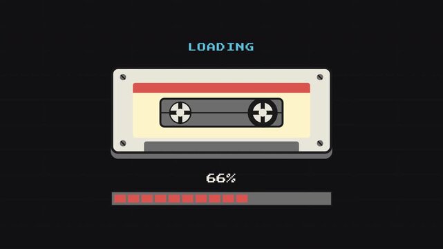 Animated retro loading screen with a vintage cassette tape icon and digital progress bar, symbolizing data transfer and computing nostalgia in pixel art