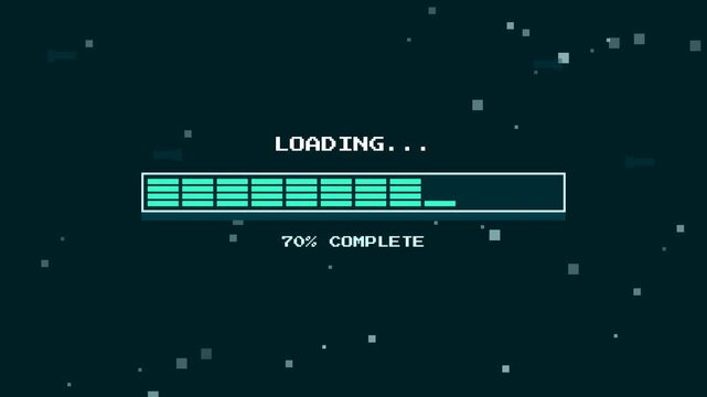 Retro 8-bit style loading screen animation with a vibrant progress bar indicating 70% completion, showcasing a vintage digital interface design
