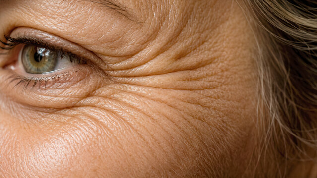 Symmetrical laughter lines beside an eye macro showing beautiful skin texture and deep joy expression