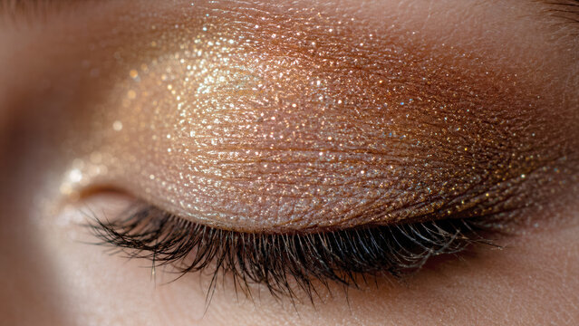 Glitter eyeshadow macro with individual mica pigment grains on a hyper detailed human eyelid skin