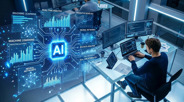 Digital interface showcasing AI concepts like machine learning and neural networks, representing data analysis and technological advancement in a modern office