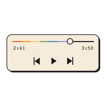 Retro 90s compact audio media player widget with rainbow pride progress slider and music control buttons isolated on white. Vintage Y2K sound application layout element for LGBTQ Pride Month design.