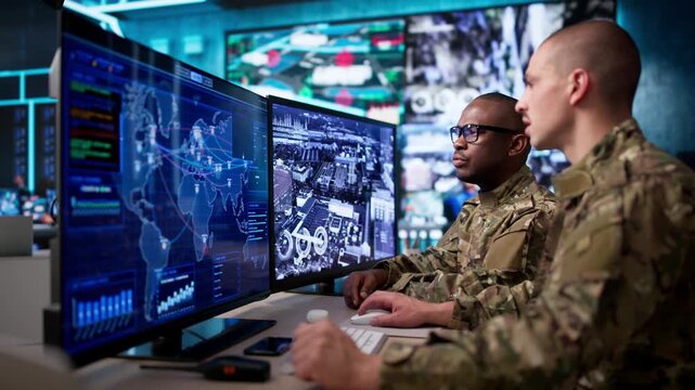 Soldiers Working At Military Control Center Desk