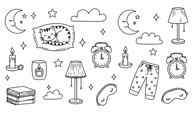 Good Night Hand Drawn Doodle Collection with Sleeping Cat Moon and Cozy Bedroom Items