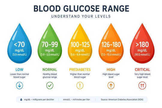 Blood Glucose Range Infographic Poster with ADA Guidelines, Sugar Levels Measurement Chart, Diabetes Medical Vector on White