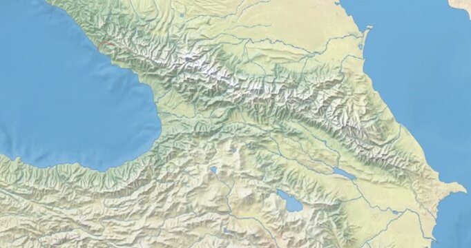 Georgia on Globe. Zoom into the country with Earth spinning on dark background. Physical world map with Georgia and label on it. Country view animation.
