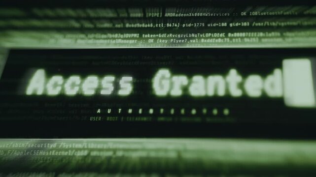 Futuristic Access Granted alert overlaying streams of green code