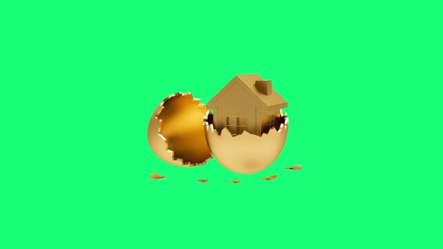 Golden egg cracks open to reveal a small house emerging from the shell on a green background, 3D animation