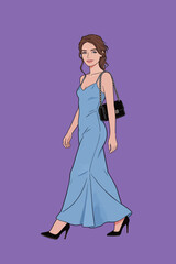 Fototapeta premium Elegant Woman Walking in Slip Dress with Handbag