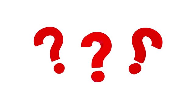 Three red question marks rotate on a white background in a simple conceptual 3D render