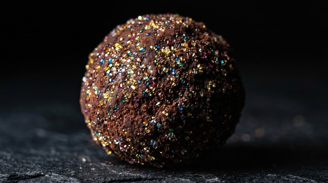 Glittering sugar crystals on a dark chocolate truffle