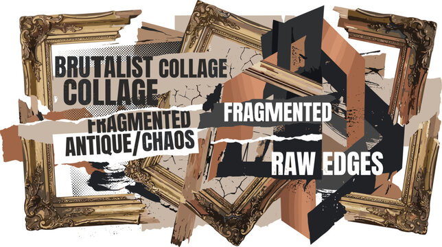 Brutalist collage vector art with fragmented antique gold frames, raw paper edges, and chaotic textures for edgy streetwear graphic design and poster artwork