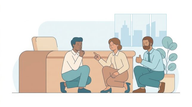 Three coworkers engage in a discussion about workplace violence prevention in an office with a city view.