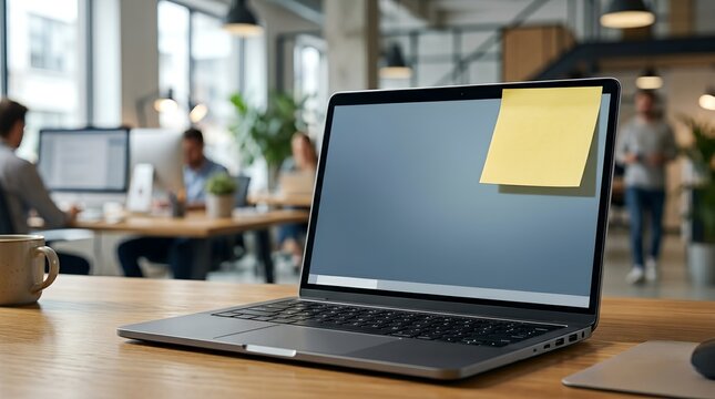 Close up view of a bright yellow sticky note on a sleek laptop keyboard, symbolizing project planning, corporate brainstorming, academic study notes, and efficient workflow for professionals.