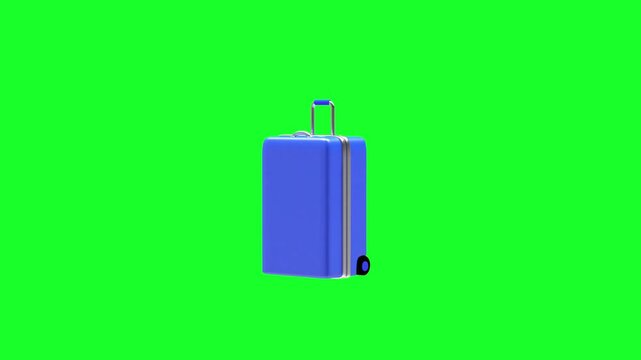 Blue wheeled suitcase rotates on a bright green chroma key background, showing different angles in a minimal 3D render, 3D animation