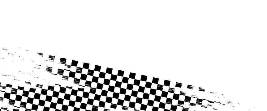 Grunge racing flag pattern with a distressed texture in black and white. Tire track with diagonal checkered design for motorsport themes, banners, graphics overlays. Abstract vector illustration.