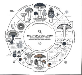 Circular mycological loop infographic vector featuring mushroom species identification diagrams, mycelial networks, and data visualization elements for editorial scientific layouts © AdhinChandra