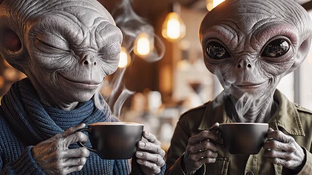 Two grey aliens enjoying hot coffee in a cozy cafe