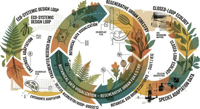  Eco systemic design loop infographic vector diagram showcasing regenerative urban forestry and closed loop ecology workflows for sustainable corporate branding presentations
