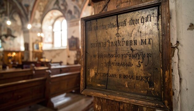 Faded Cyrillic Glagolitic Script Painted Onto An Old Wooden Icon Panel With Cracks In A Church Setting