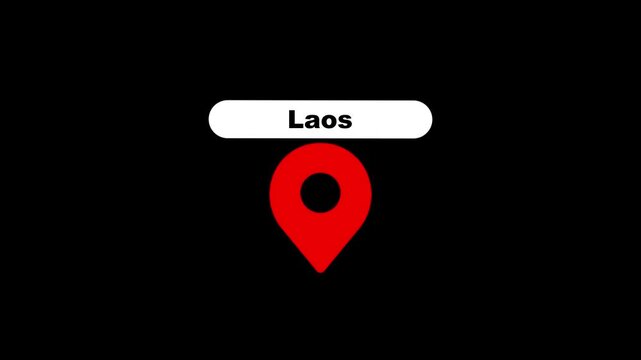 Laos map location pin animation, travel destination marker on black background