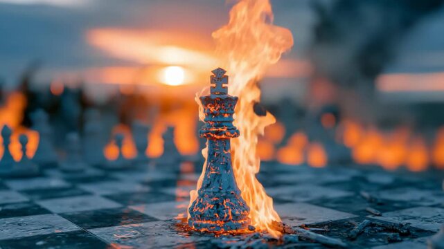 Chessboard battlefield featuring a burning king piece, symbolizing strategic conflict, leadership under pressure, defeat, power struggles, and the consequences of war and competition.