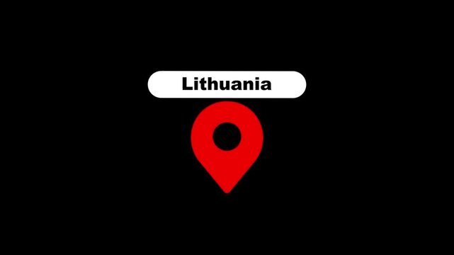 Lithuania map location pin animation on black background, travel and navigation, concept
