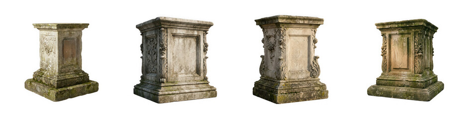 Collection of four weathered stone pedestals with ornate carvings isolated on transparent background