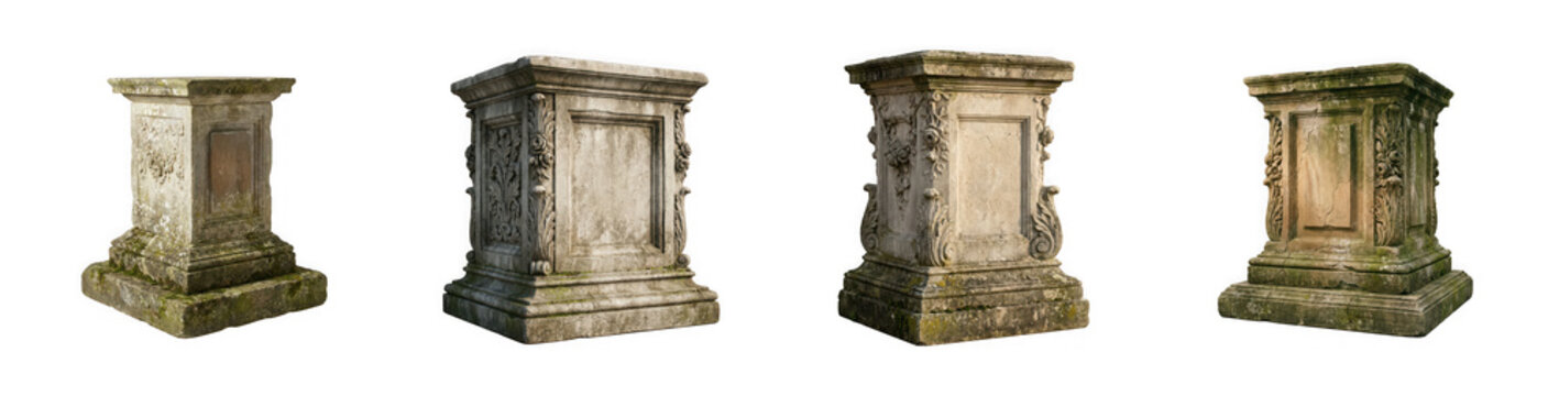 Collection of four weathered stone pedestals with ornate carvings isolated on transparent background