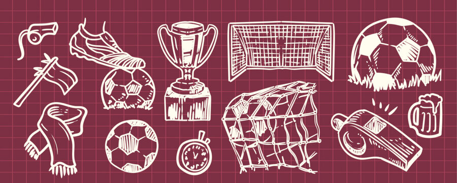 Hand Drawn Soccer Equipment Doodle Vector Set with Trophy Ball Goal and Whistle