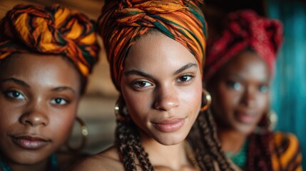 Fototapeta premium Three women with beautiful colorful head wraps showcase cultural identity, unity, and strength, highlighting diversity and the celebration of heritage in a vibrant atmosphere.