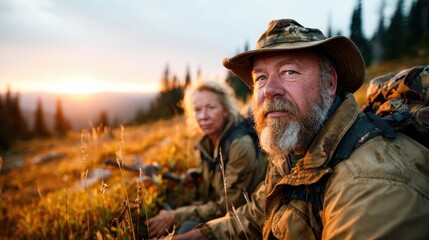 Fototapeta premium A couple sits together in a scenic landscape at sunset, conveying feelings of love, tranquility, and connection with nature, capturing a serene moment of shared experience and companionship.