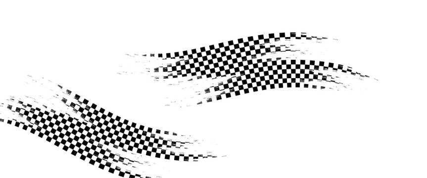Grunge racing flag pattern with a distressed texture in black and white. Tire track with diagonal checkered design for motorsport themes, banners, graphics overlays. Abstract vector illustration.