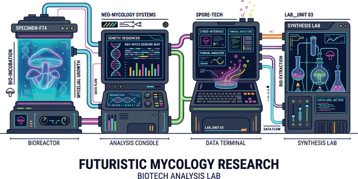 Futuristic mycology research laboratory vector infographic featuring biotech analysis dashboard, neon bioreactor, and sci-fi interface terminals for technology presentations