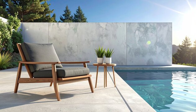 Modern Outdoor Lounge Chair by Poolside with Sunny Sky.
