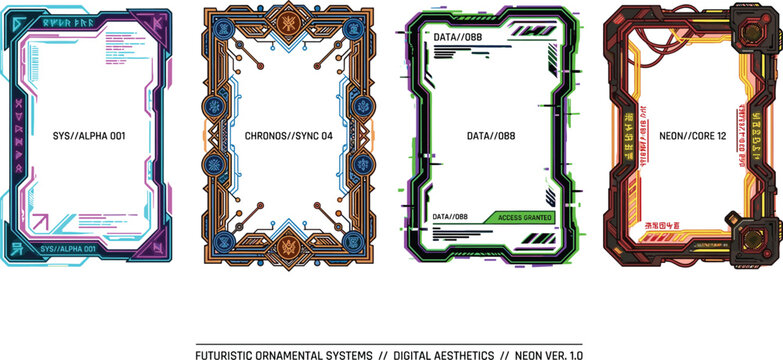 Futuristic neon frame vector set with sci-fi tech borders, digital HUD elements, and cyberpunk interface panels for gaming and streaming overlay design