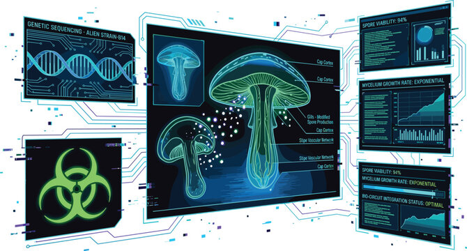  Futuristic neon mushroom research HUD interface vector dashboard featuring biohazard data scans, DNA sequencing panels, and sci-fi technology charts for gaming UI design