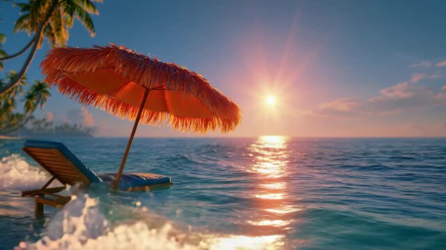 Dreamy sunbed resting in shallow beach water beneath a palm leaf parasol, bathed in warm sunlight, creating a luxurious summer escape with a peaceful tropical atmosphere.