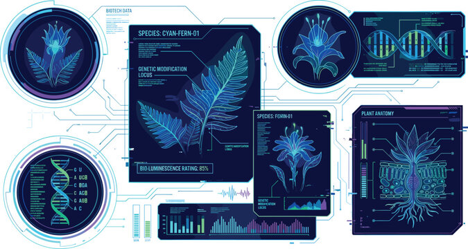 Futuristic sci-fi botanical HUD interface vector dashboard featuring neon plant biology data scans, DNA helix structures, and digital charts for cyberpunk gaming UI design