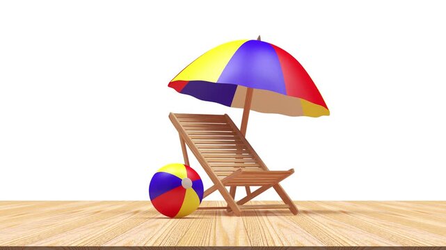 Wooden deck chair with a colorful beach umbrella and beach ball rotating on a white background, 3D animation