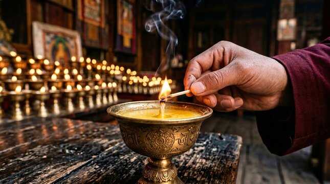 Ghee chalice lighting in Buddhist monastery. Ghee chalice engraved metal surface reflects warm light. Person performs ancient offering ritual in holy sanctuary.