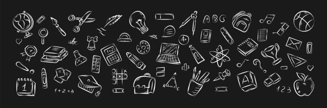 School Supplies Set in Hand Drawn Style. Doodle Stationery Icons for School. Back to School Elements in Sketch Style for Banner Poster Card Background. Drawing Supplies Stationery Vector Illustration.