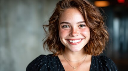 Obraz premium A happy young woman with curly hair shows her bright smile against an urban backdrop, radiating joy and positivity, inspiring viewers with her engaging personality and cheerful vibes.