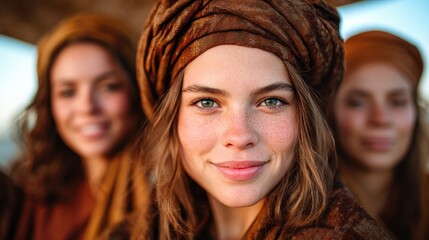 Fototapeta premium A joyful group of women wearing beautifully wrapped cultural headscarves, smiling together in a sunny outdoor setting, showcasing camaraderie and cultural pride.