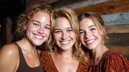 Fototapeta premium Three smiling women stand together, radiating joy and warmth with their bright expressions, beautifully showcasing friendship and positivity in a cozy indoor setting.