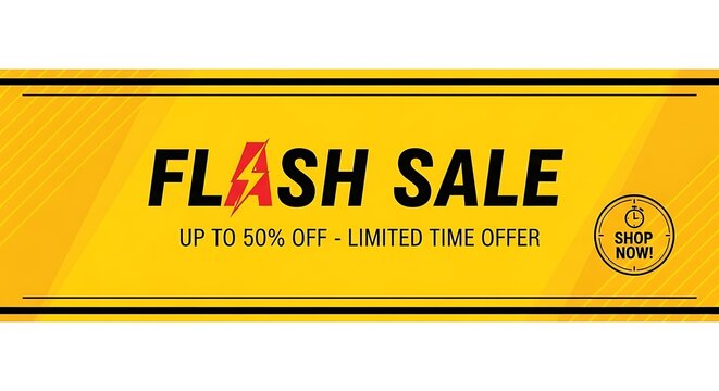 Dynamic yellow flash sale banner with limited time offer and shop now button