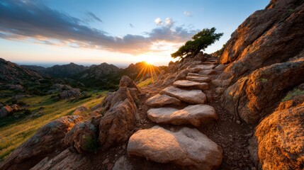 Obraz premium An inviting rocky pathway winds through the hills under a vibrant sunset, highlighting the beauty of nature and the thrill of exploration in a scenic mountain landscape.