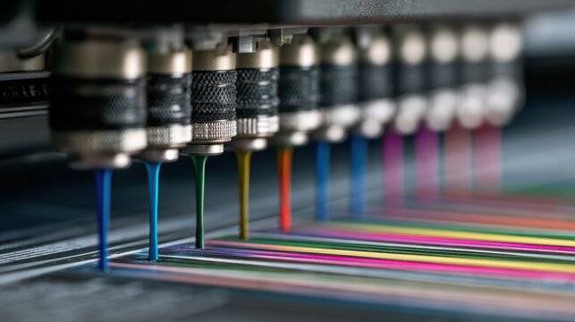 Detailed medium shot of a minimalist print production scene showing inkjet nozzles precisely spraying vibrant ink onto coated mail stock capturing fine paper texture and subtle