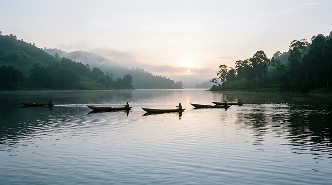 Traditional Canoes on a Misty African Lake at Sunrise